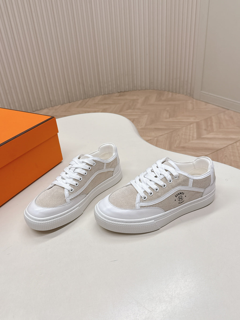 HM 25S SNEAKER LOW SPORTS IN BEIGE CANVAS MIX WHITE LAMBSKIN