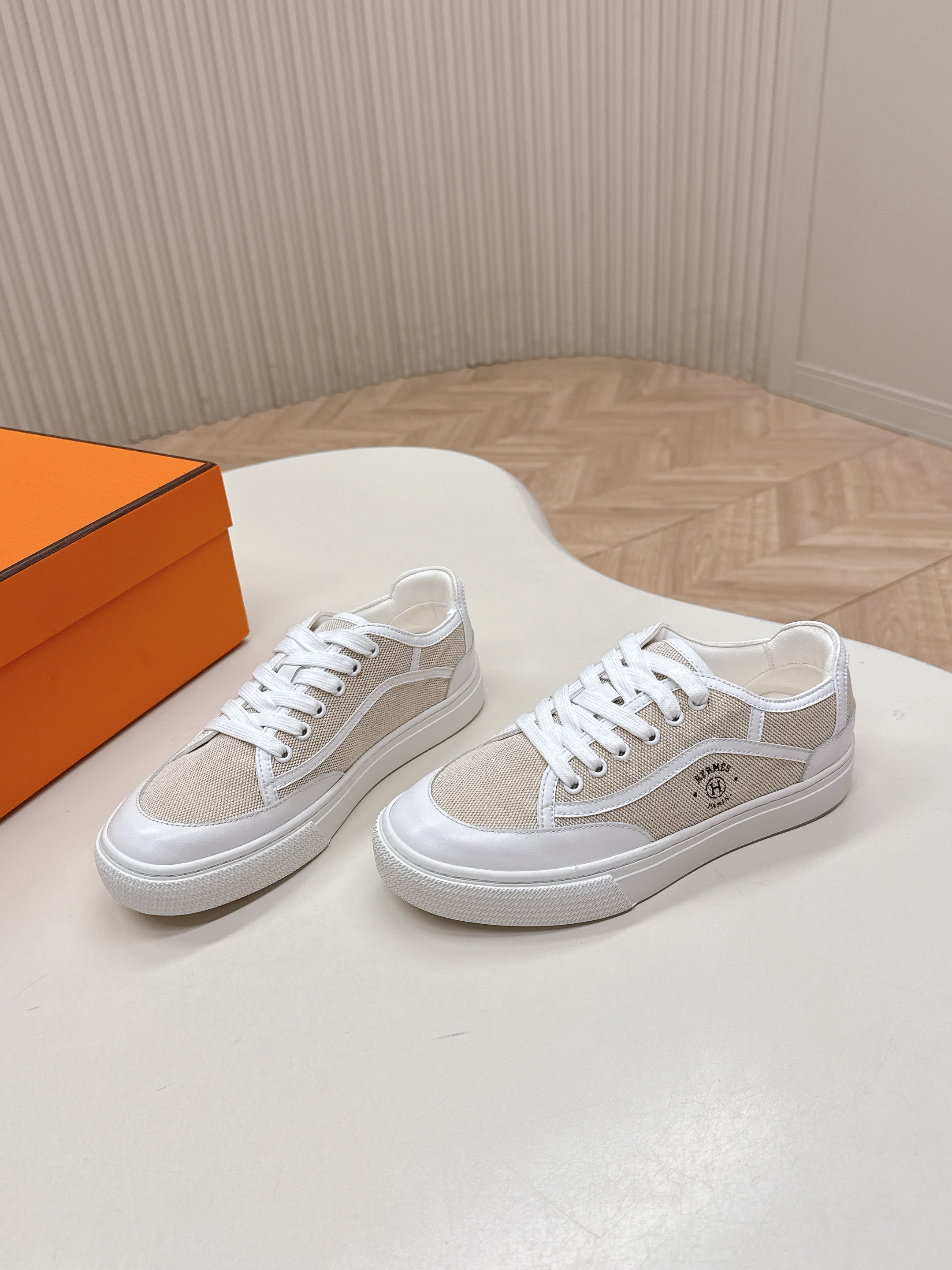 HM 25S SNEAKER LOW SPORTS IN BEIGE CANVAS MIX WHITE LAMBSKIN