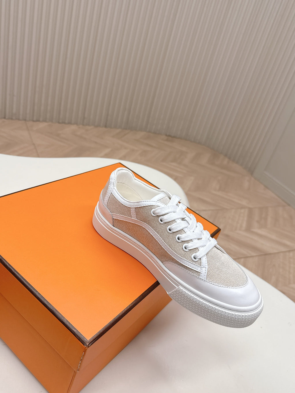 HM 25S SNEAKER LOW SPORTS IN BEIGE CANVAS MIX WHITE LAMBSKIN