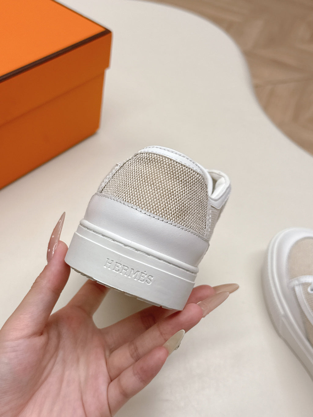 HM 25S SNEAKER LOW SPORTS IN BEIGE CANVAS MIX WHITE LAMBSKIN