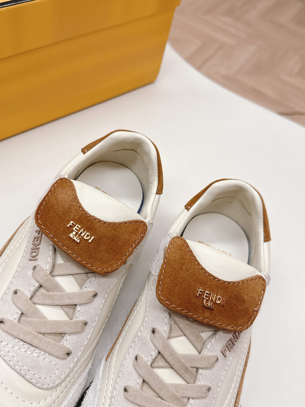 FENDI 25S CORTEZ RETRO SNEAKERS IN CREAM WHITE MIX BROWN LAMBSKIN