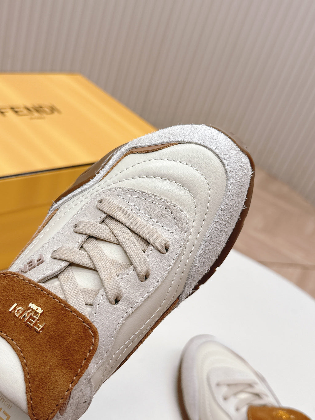FENDI 25S CORTEZ RETRO SNEAKERS IN CREAM WHITE MIX BROWN LAMBSKIN