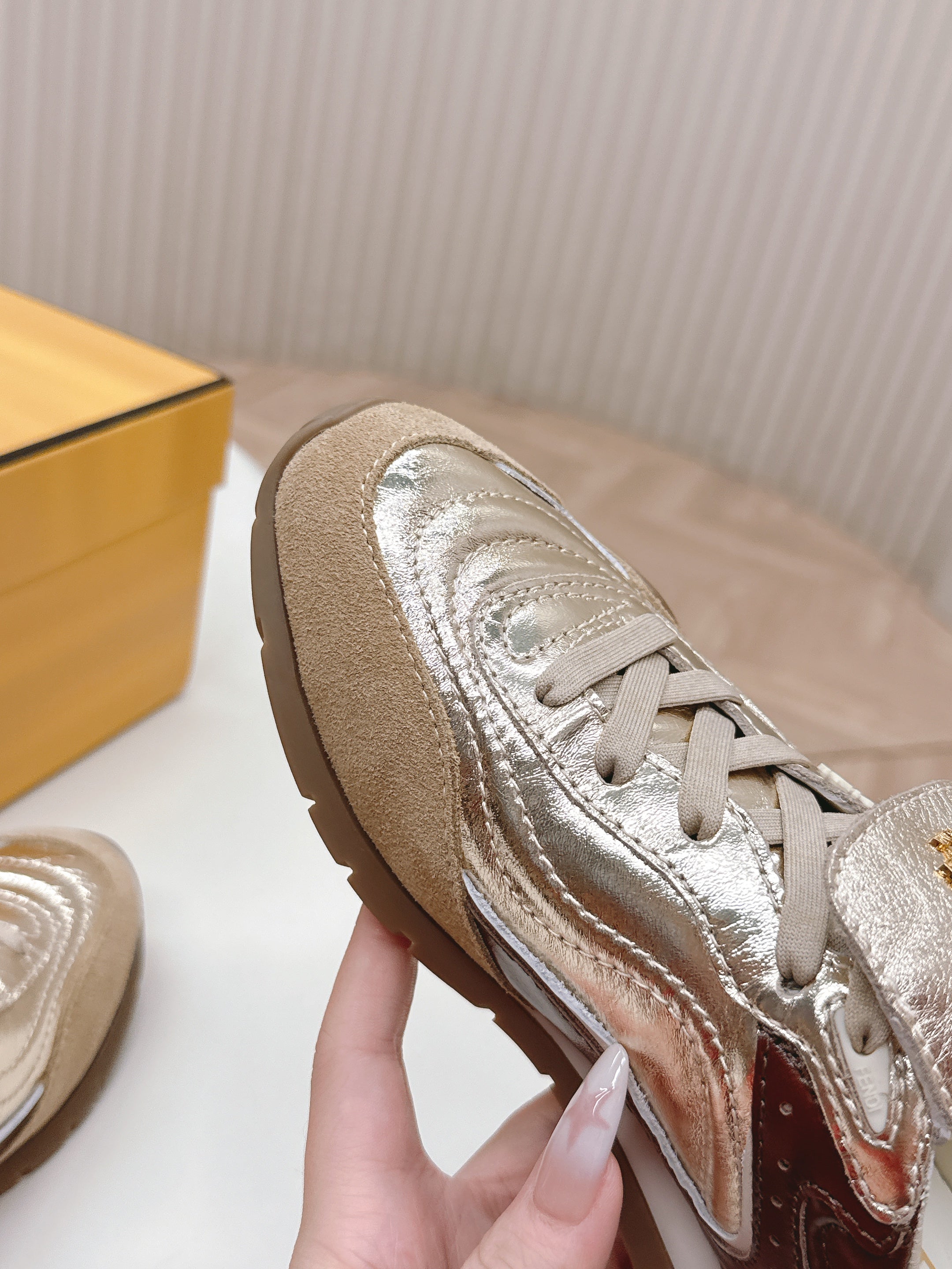 FENDI 25S CORTEZ RETRO SNEAKERS IN SOFT GOLD MIX BROWN LAMBSKIN