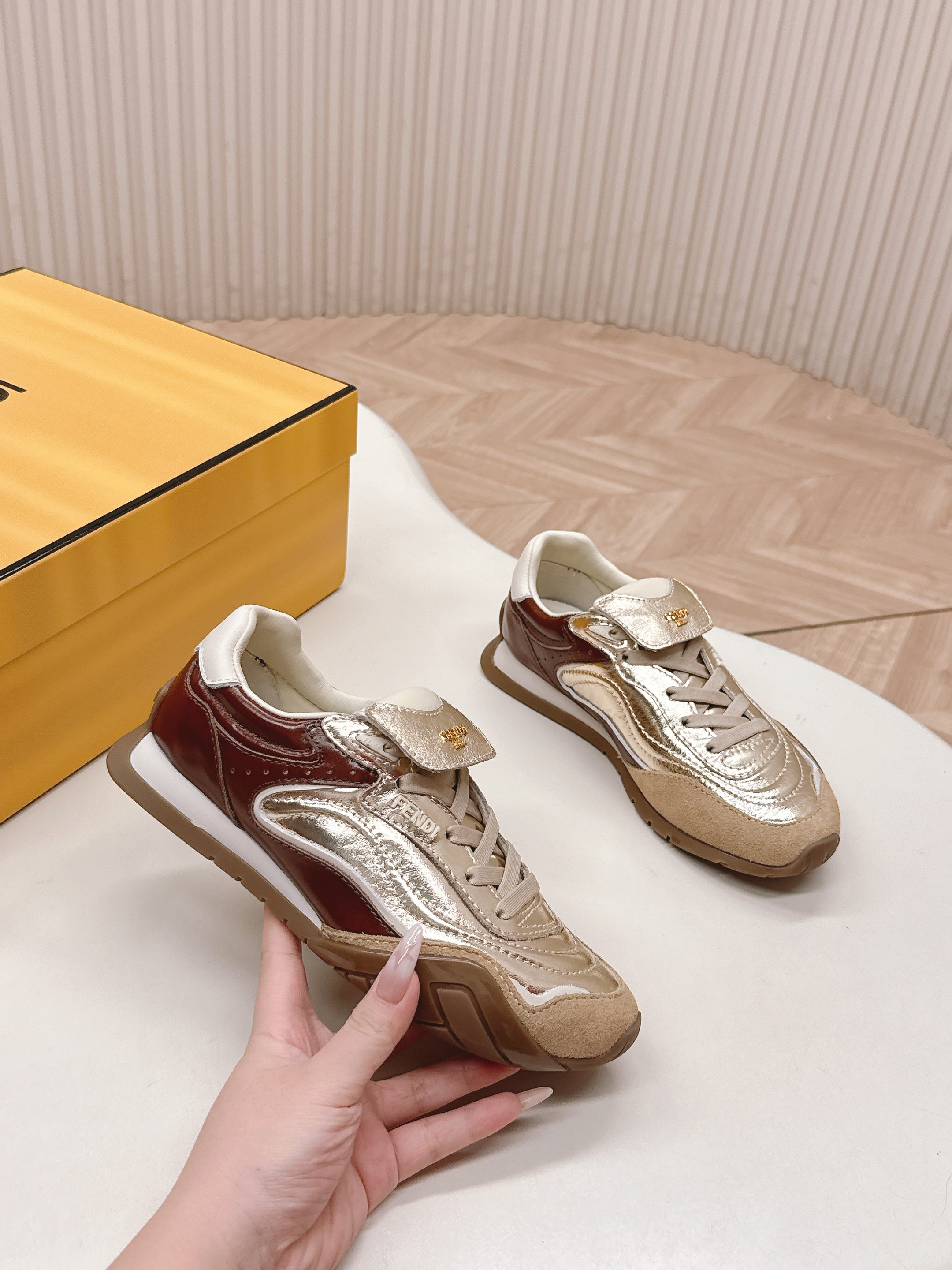 FENDI 25S CORTEZ RETRO SNEAKERS IN SOFT GOLD MIX BROWN LAMBSKIN
