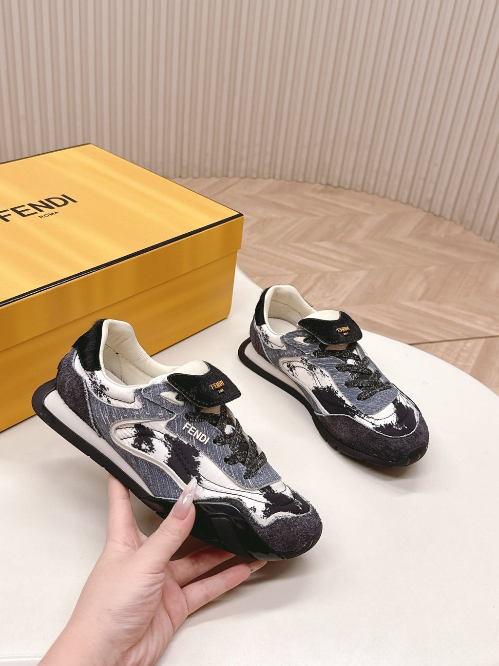 FENDI 25S CORTEZ RETRO SNEAKERS IN DARK CHARCOAL PURPLE SUEDE AND FABRIC