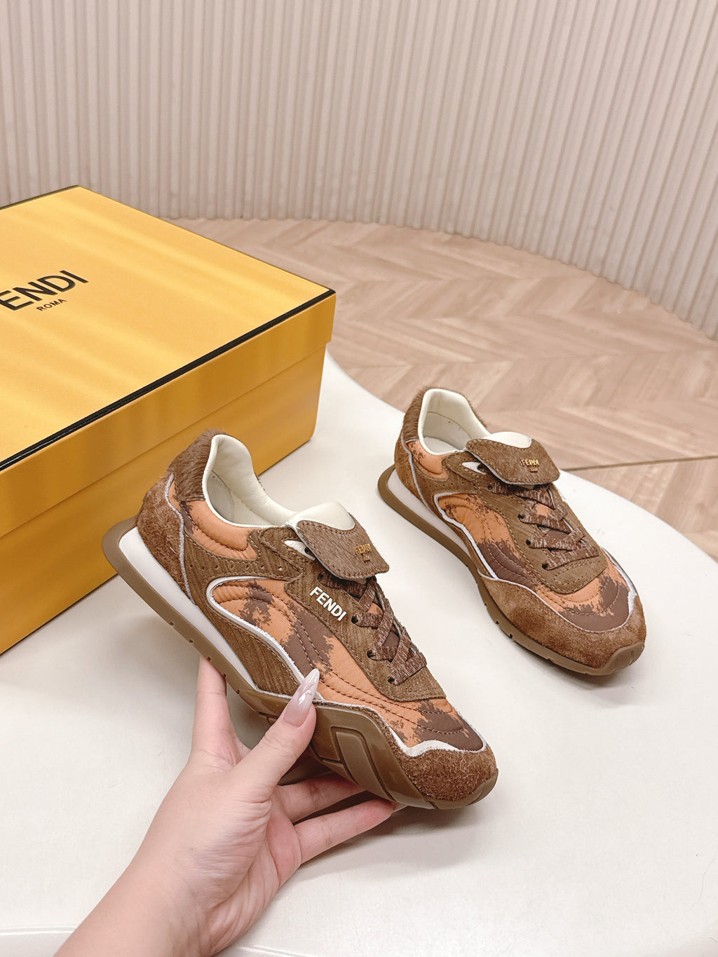 FENDI 25S CORTEZ RETRO SNEAKERS IN BROWN SUEDE AND FABRIC