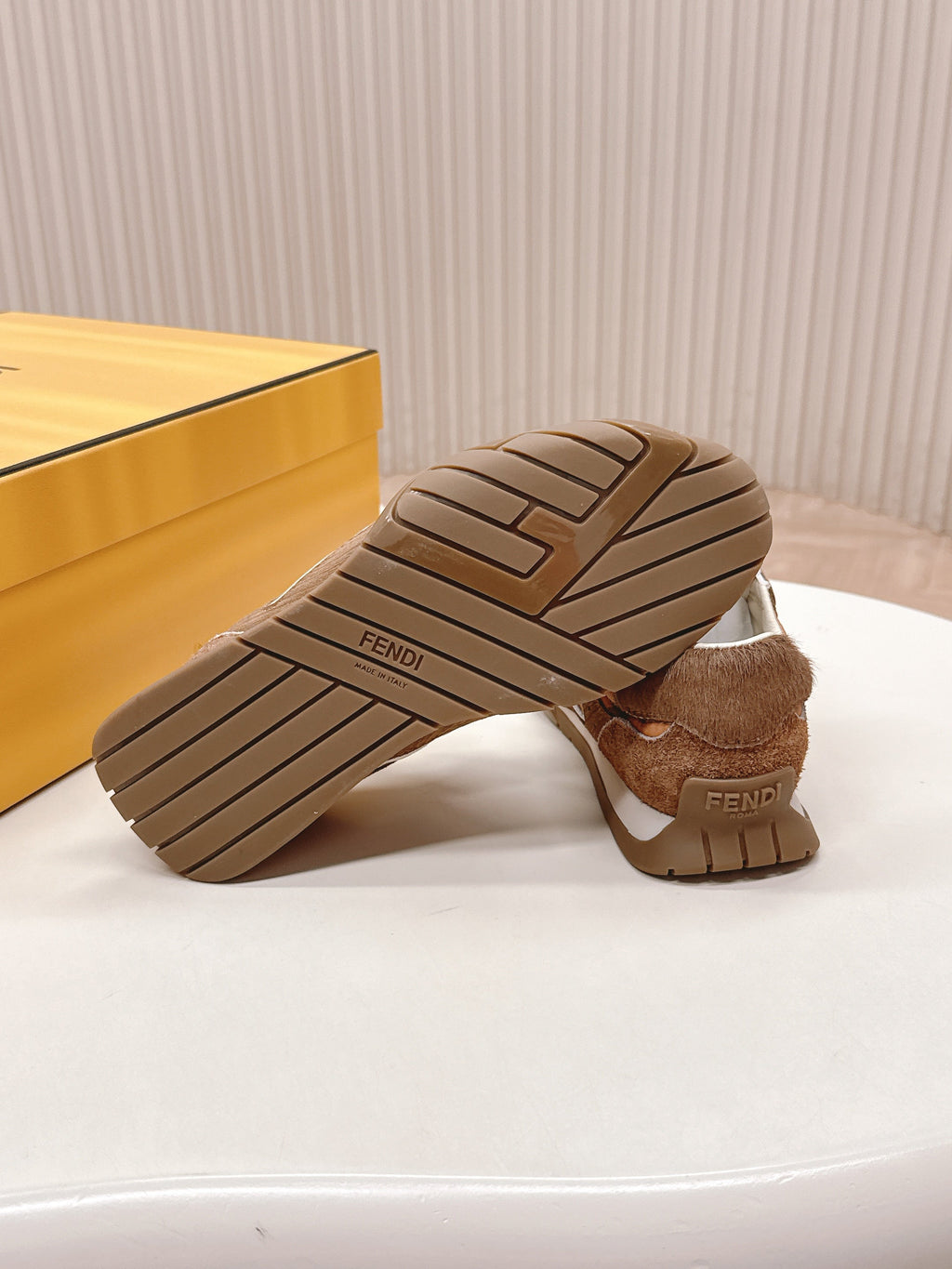 FENDI 25S CORTEZ RETRO SNEAKERS IN BROWN SUEDE AND FABRIC