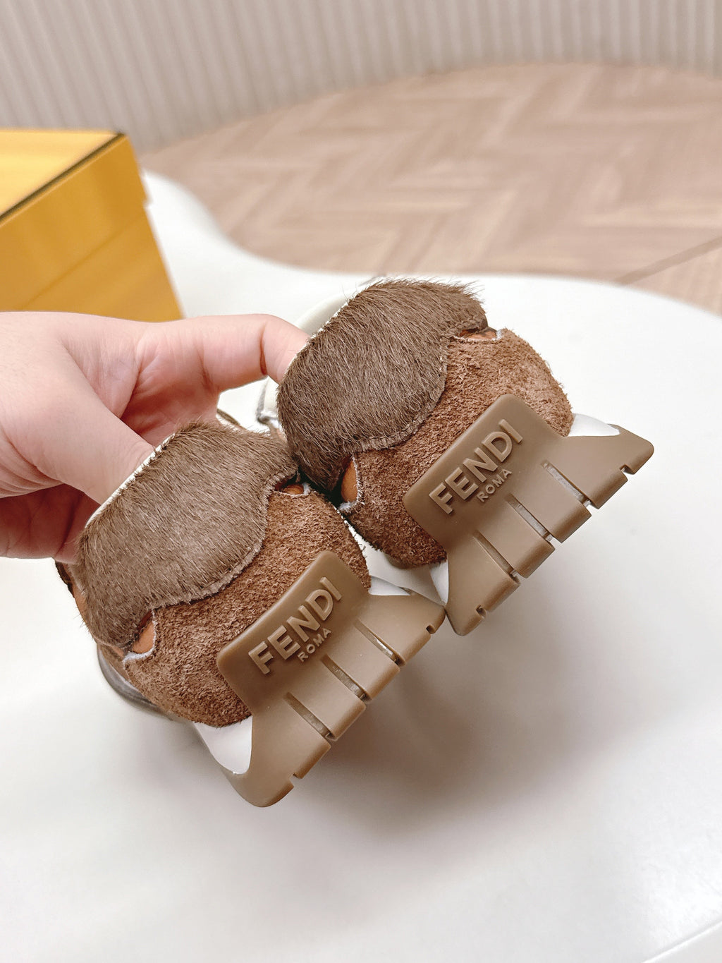 FENDI 25S CORTEZ RETRO SNEAKERS IN BROWN SUEDE AND FABRIC