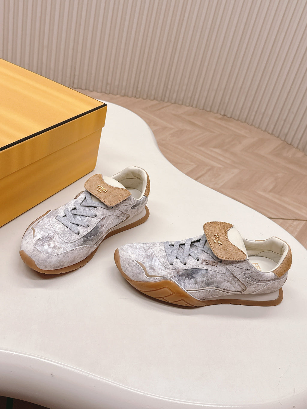 FENDI 25S CORTEZ RETRO SNEAKERS IN BEIGE WHITE SUEDE AND FABRIC