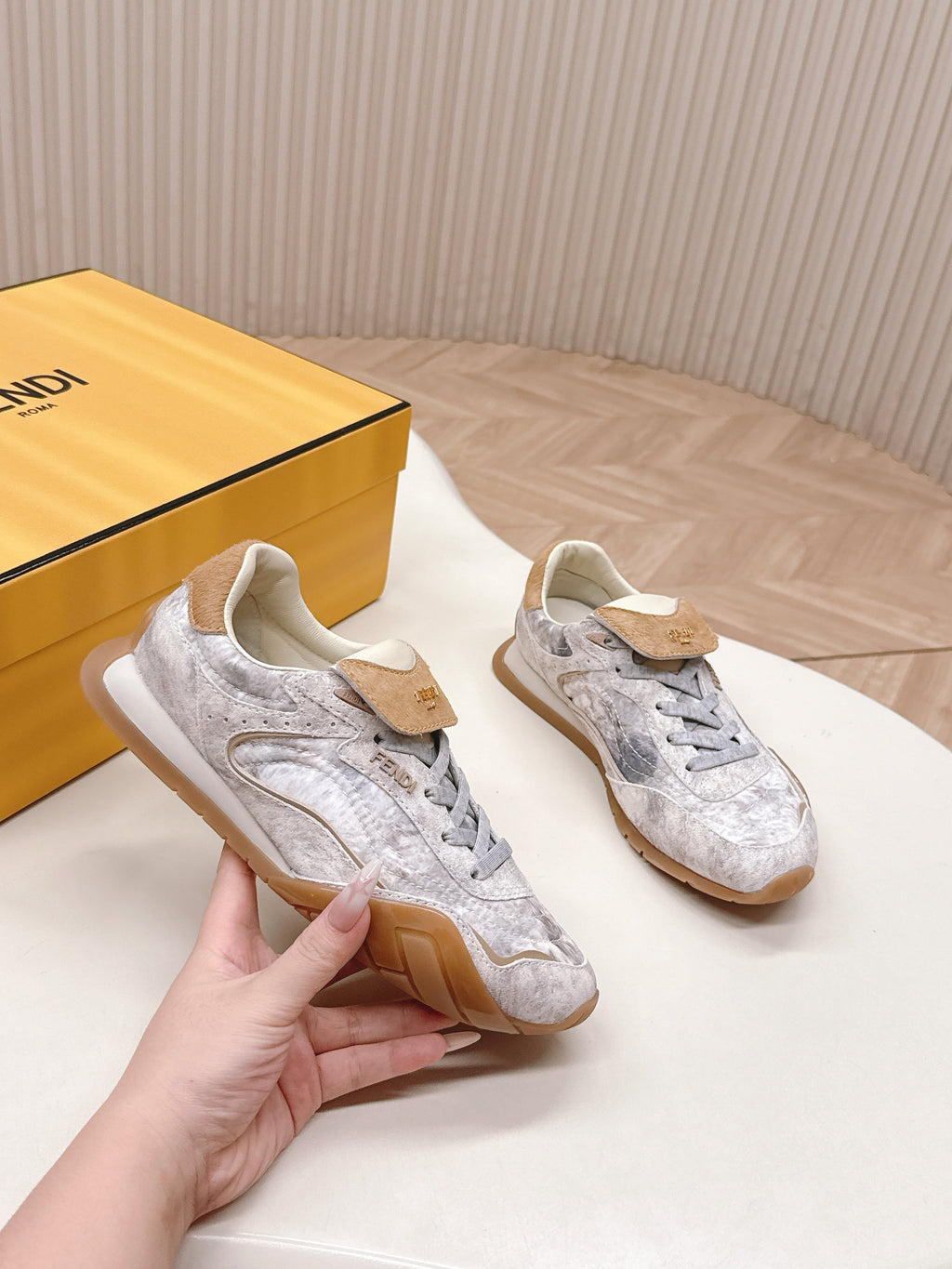 FENDI 25S CORTEZ RETRO SNEAKERS IN BEIGE WHITE SUEDE AND FABRIC