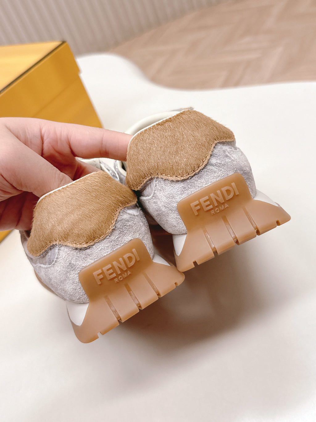 FENDI 25S CORTEZ RETRO SNEAKERS IN BEIGE WHITE SUEDE AND FABRIC