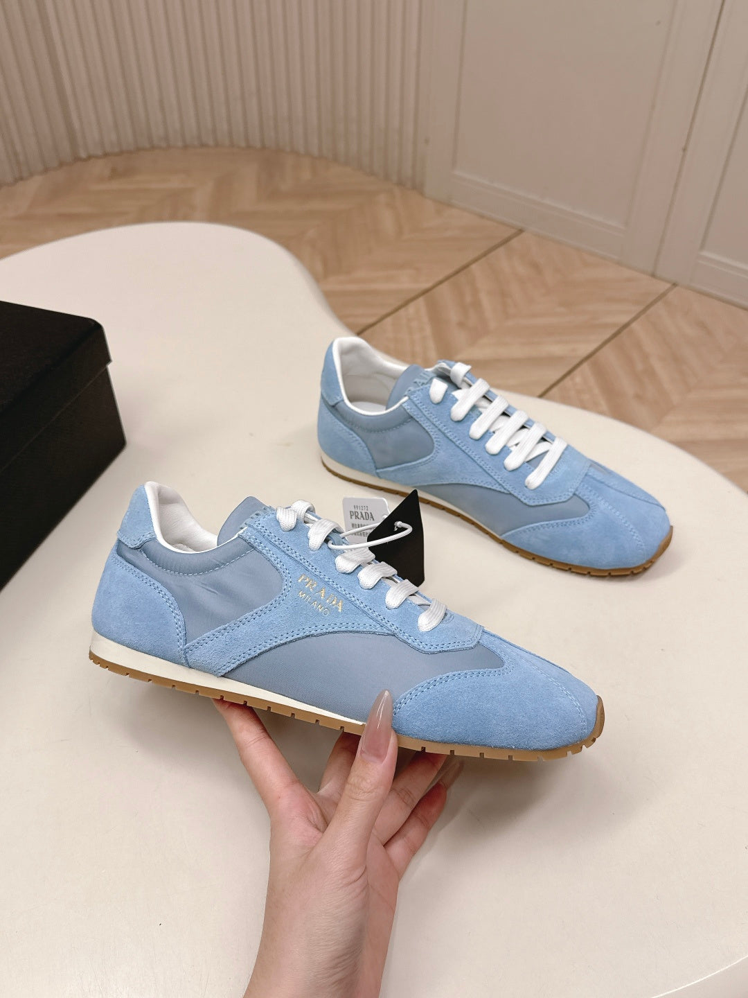 PRADA 26S CLASSIC SNEAKERS IN SKY BLUE SUEDE AND NYLON