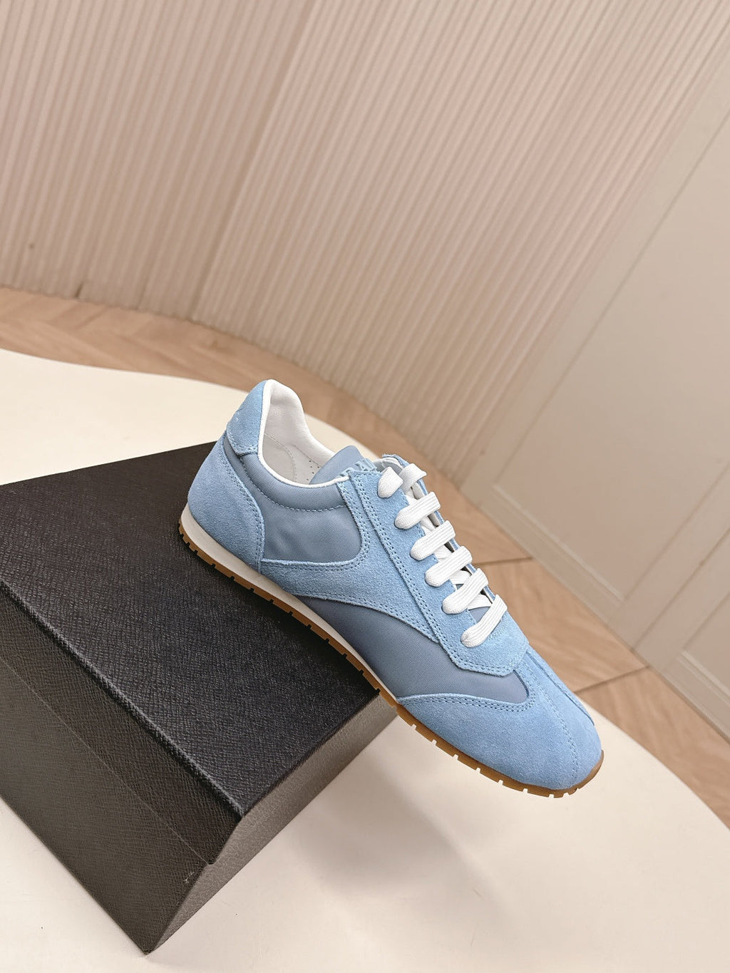 PRADA 26S CLASSIC SNEAKERS IN SKY BLUE SUEDE AND NYLON
