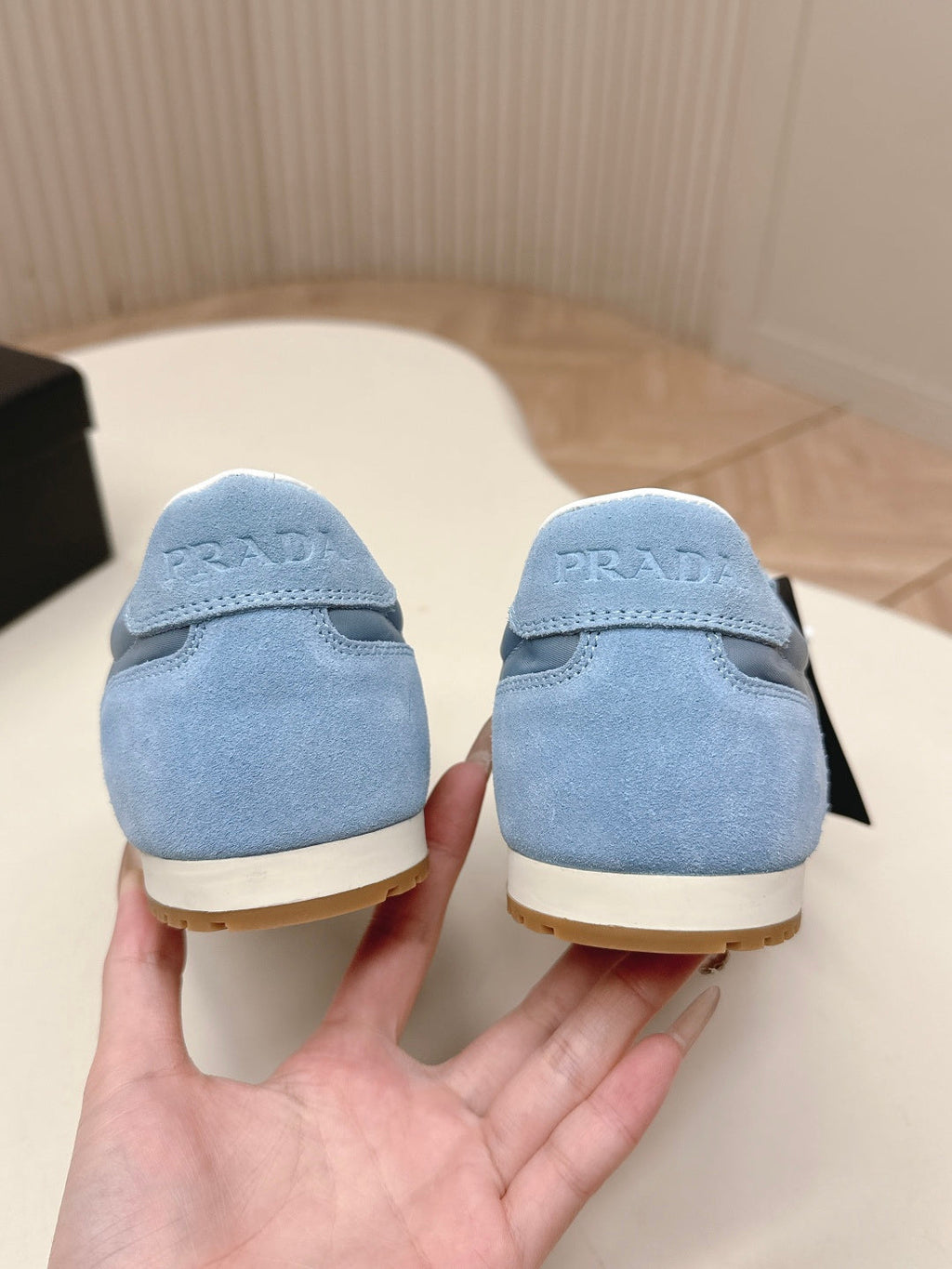 PRADA 26S CLASSIC SNEAKERS IN SKY BLUE SUEDE AND NYLON