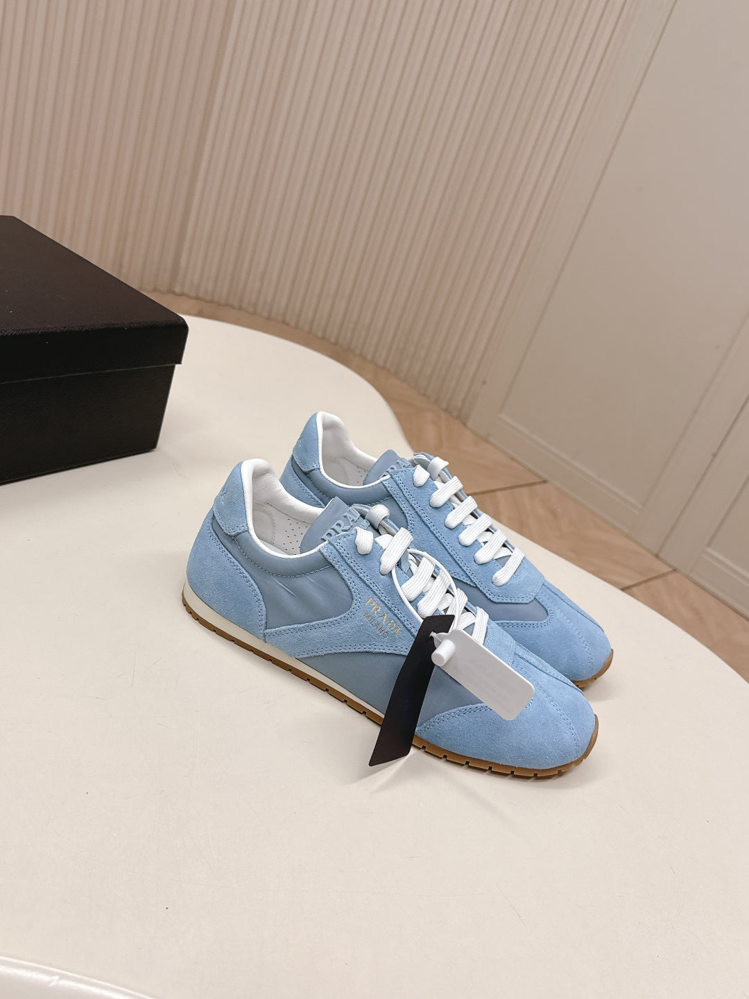 PRADA 26S CLASSIC SNEAKERS IN SKY BLUE SUEDE AND NYLON
