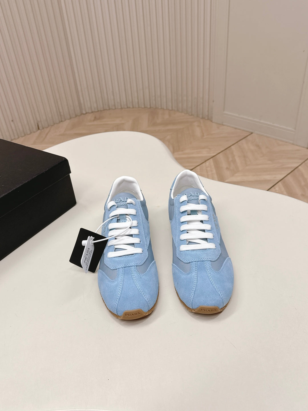 PRADA 26S CLASSIC SNEAKERS IN SKY BLUE SUEDE AND NYLON
