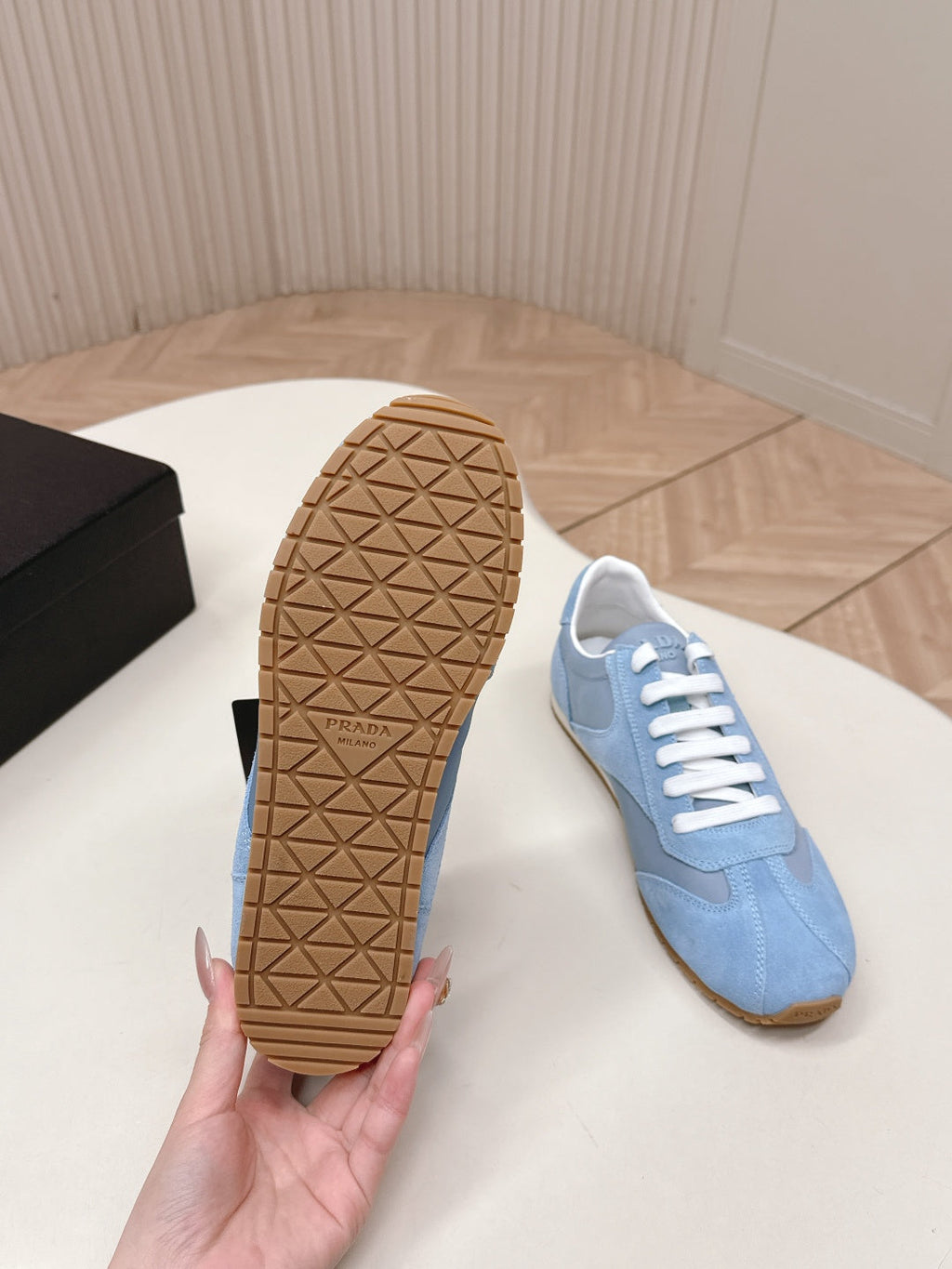 PRADA 26S CLASSIC SNEAKERS IN SKY BLUE SUEDE AND NYLON