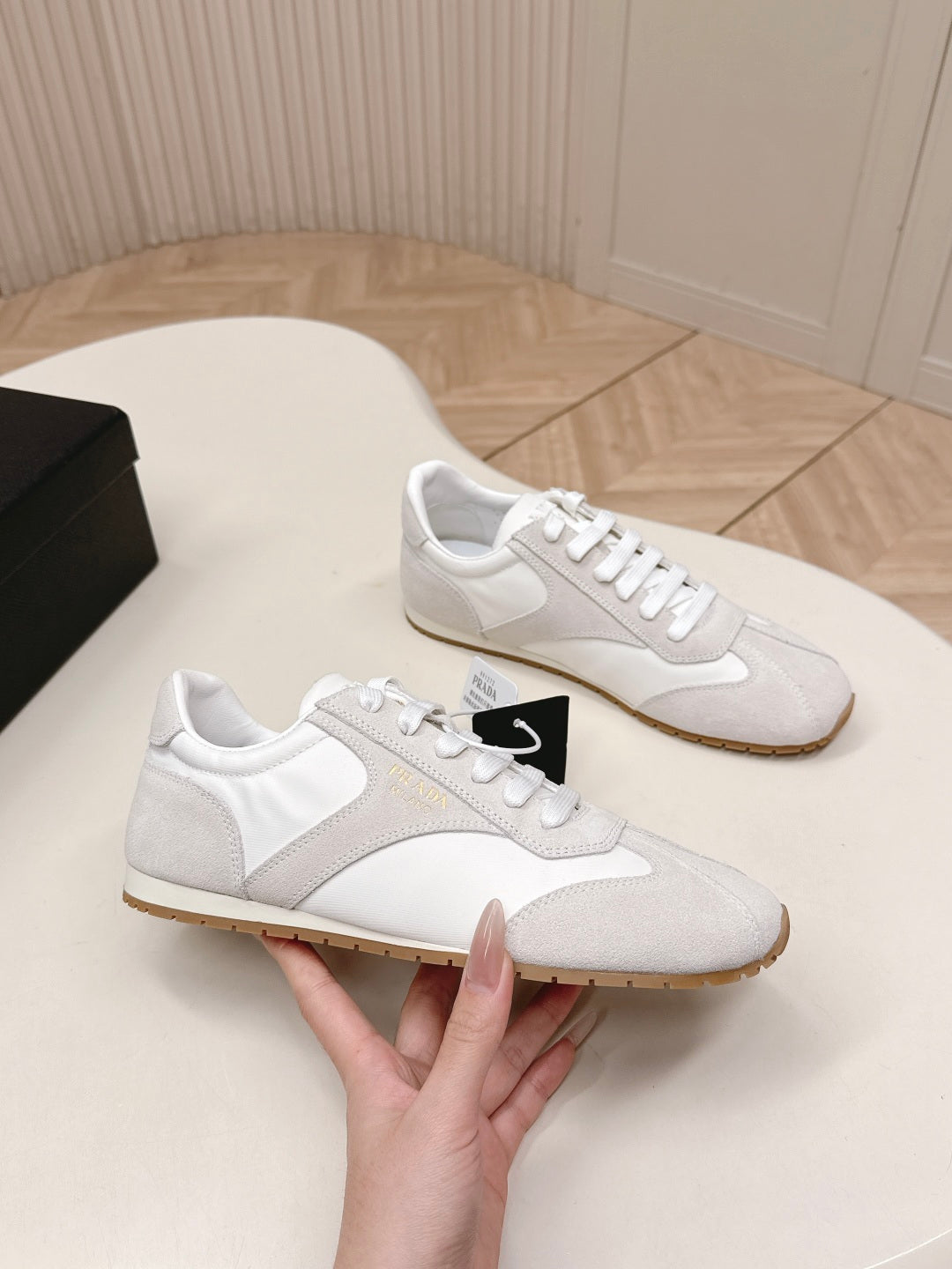 PRADA 26S CLASSIC SNEAKERS IN WHITE SUEDE AND NYLON