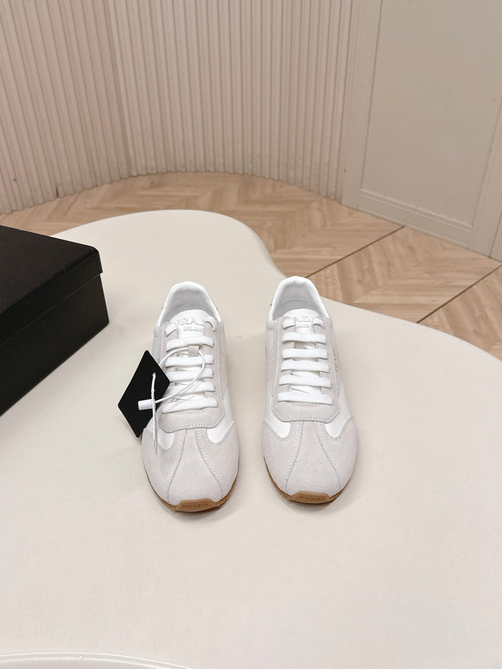 PRADA 26S CLASSIC SNEAKERS IN WHITE SUEDE AND NYLON