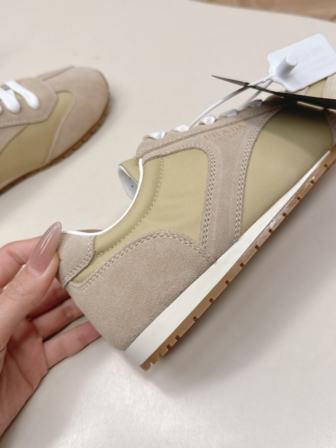 PRADA 26S LOW TOP SNEAKERS IN BEIGE NYLON AND SUEDE
