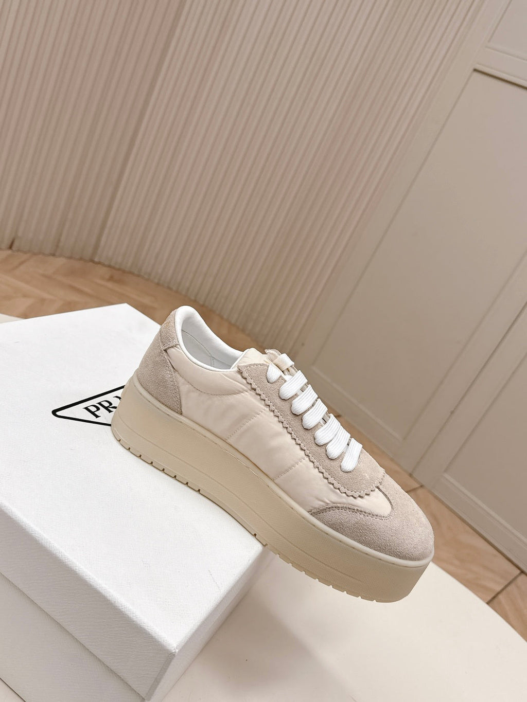 PRADA 26S PLATFORM SNEAKERS 50MM IN CREAM WHITE NYLON AND SUEDE