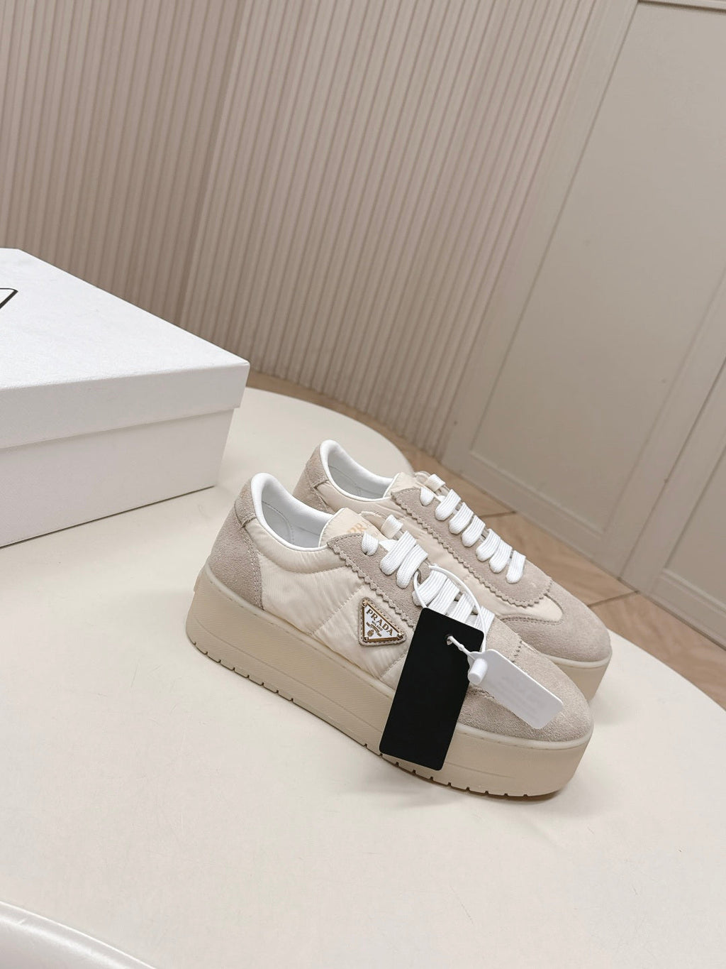 PRADA 26S PLATFORM SNEAKERS 50MM IN CREAM WHITE NYLON AND SUEDE