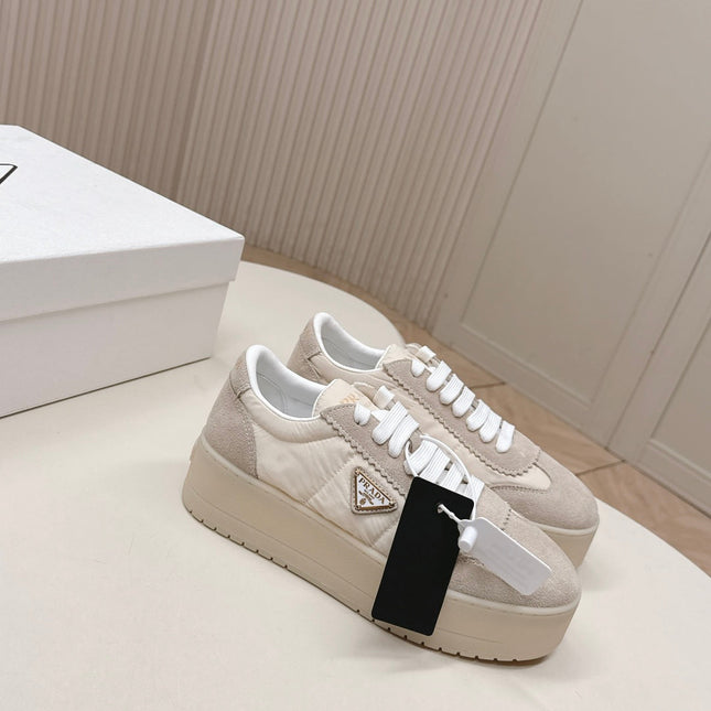 PRADA 26S PLATFORM SNEAKERS 50MM IN CREAM WHITE NYLON AND SUEDE