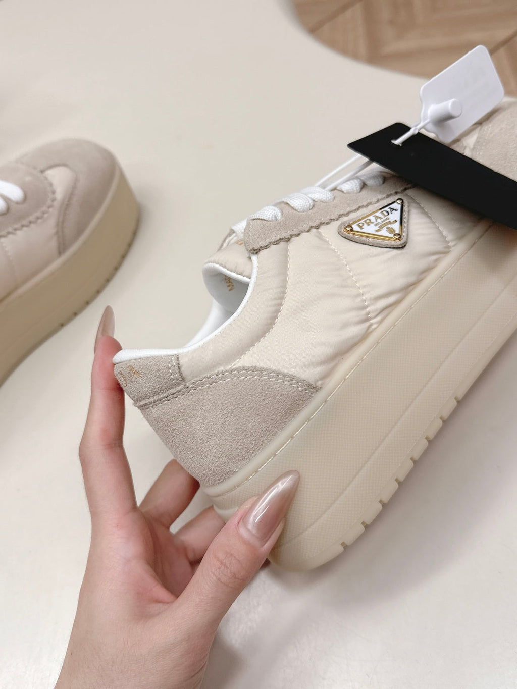 PRADA 26S PLATFORM SNEAKERS 50MM IN CREAM WHITE NYLON AND SUEDE