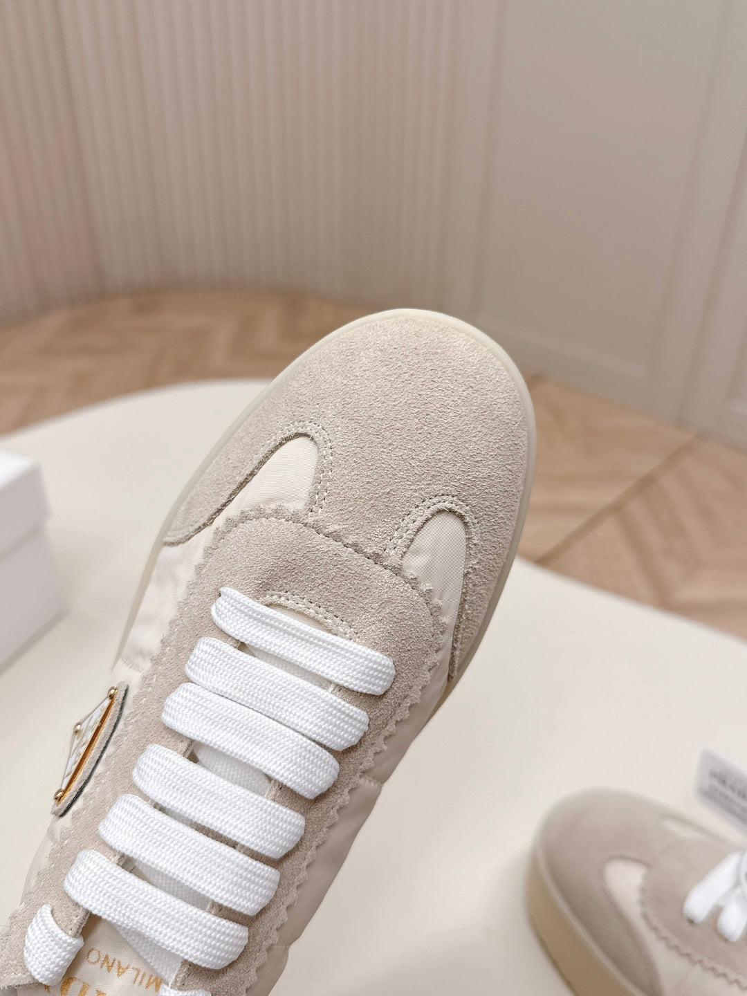 PRADA 26S PLATFORM SNEAKERS 50MM IN CREAM WHITE NYLON AND SUEDE