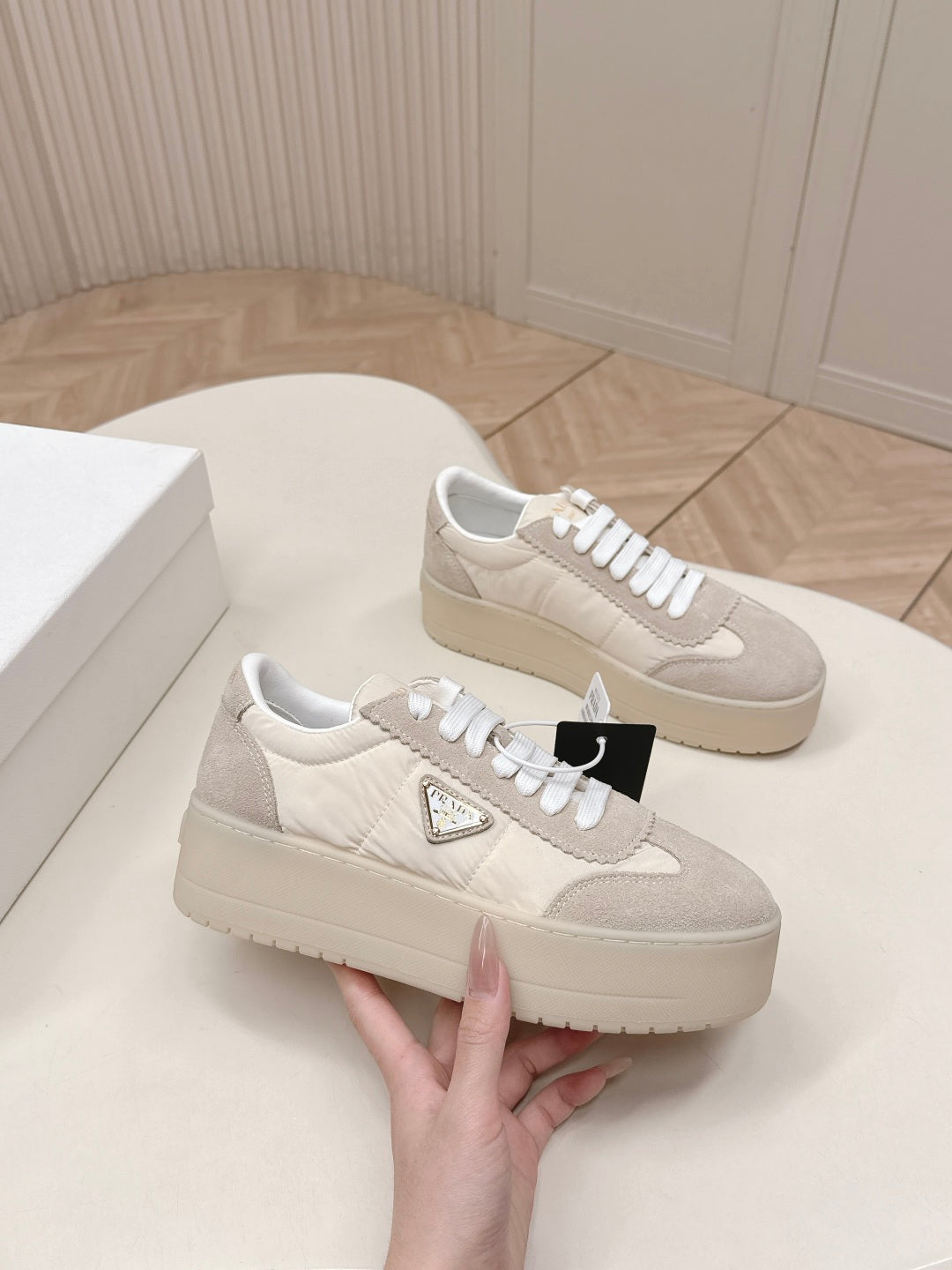 PRADA 26S PLATFORM SNEAKERS 50MM IN CREAM WHITE NYLON AND SUEDE