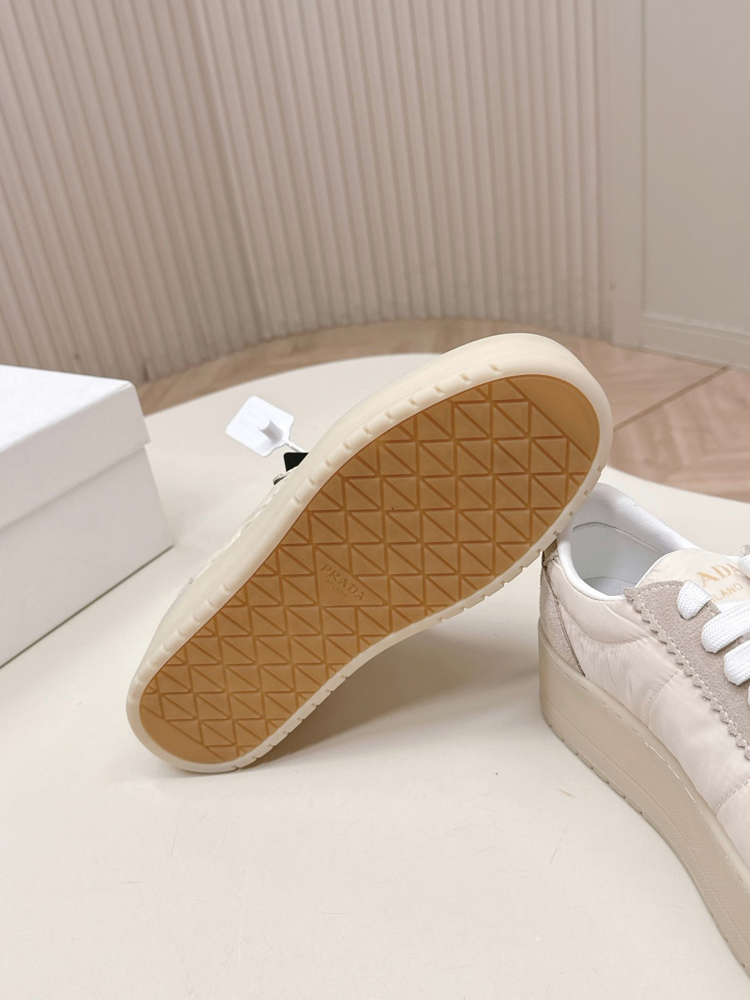 PRADA 26S PLATFORM SNEAKERS 50MM IN CREAM WHITE NYLON AND SUEDE