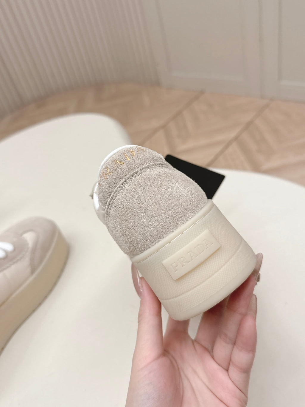 PRADA 26S PLATFORM SNEAKERS 50MM IN CREAM WHITE NYLON AND SUEDE