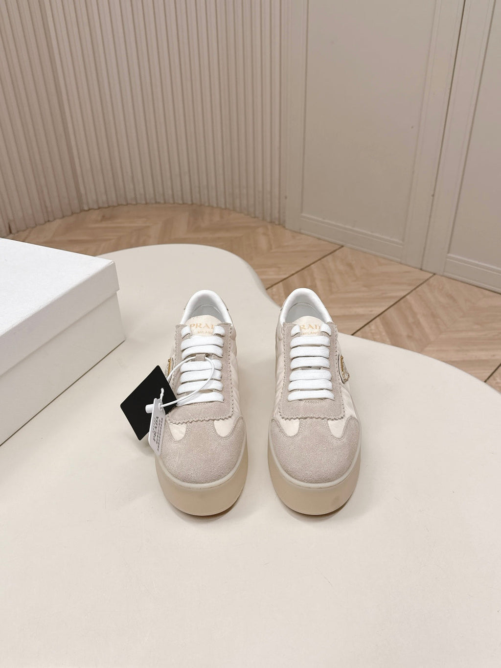 PRADA 26S PLATFORM SNEAKERS 50MM IN CREAM WHITE NYLON AND SUEDE