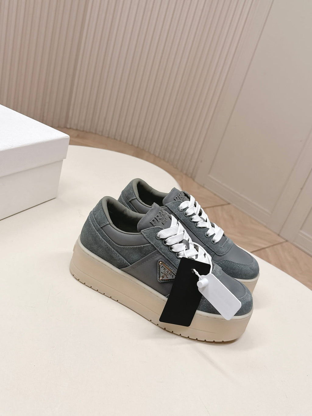 PRADA 26S PLATFORM SNEAKERS 50MM IN DARK GREY SUEDE