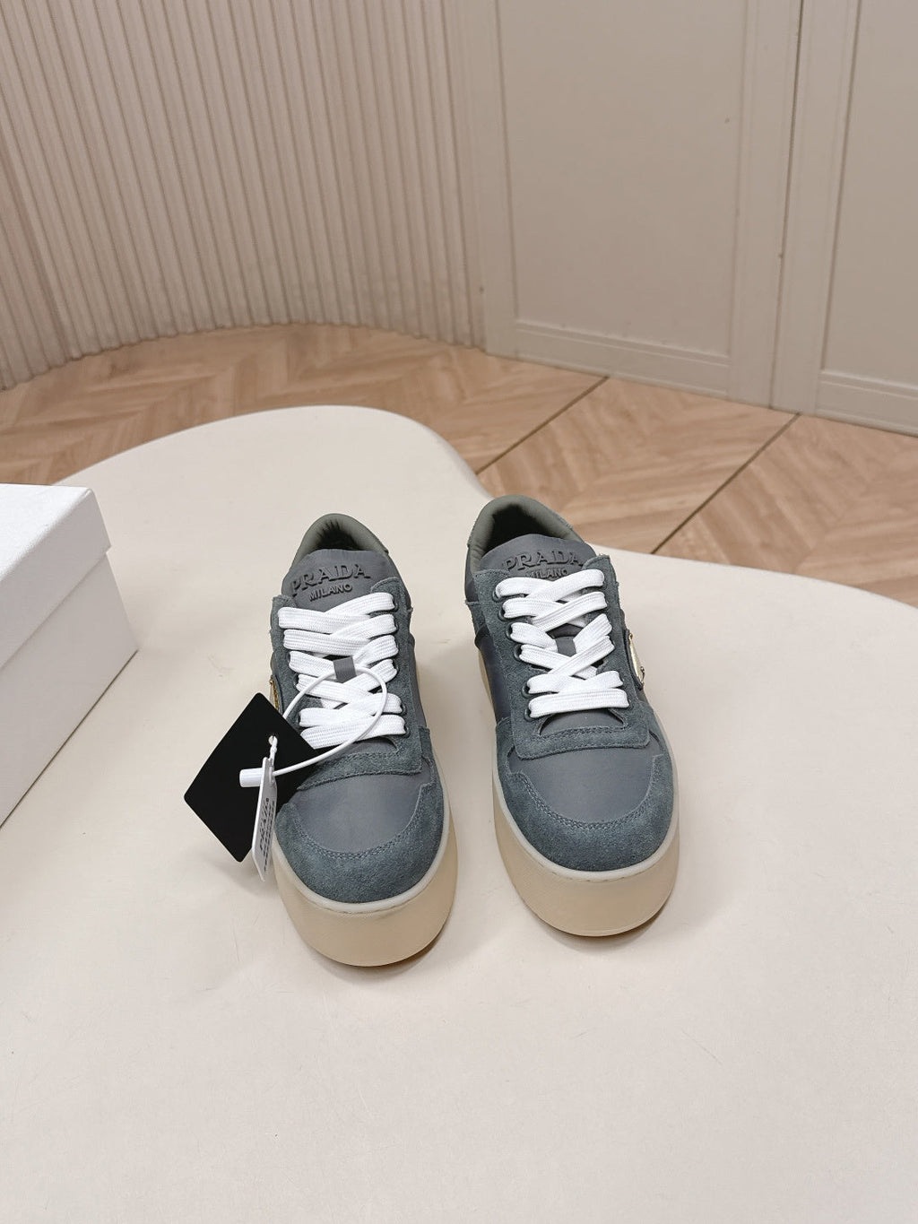PRADA 26S PLATFORM SNEAKERS 50MM IN DARK GREY SUEDE