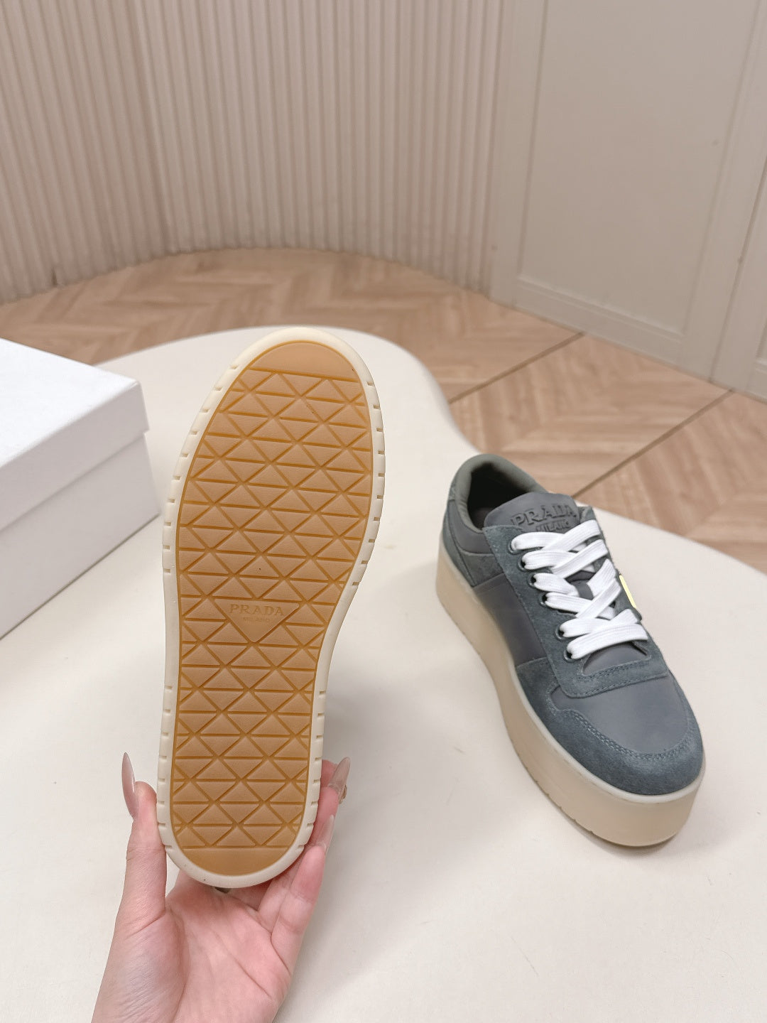 PRADA 26S PLATFORM SNEAKERS 50MM IN DARK GREY SUEDE