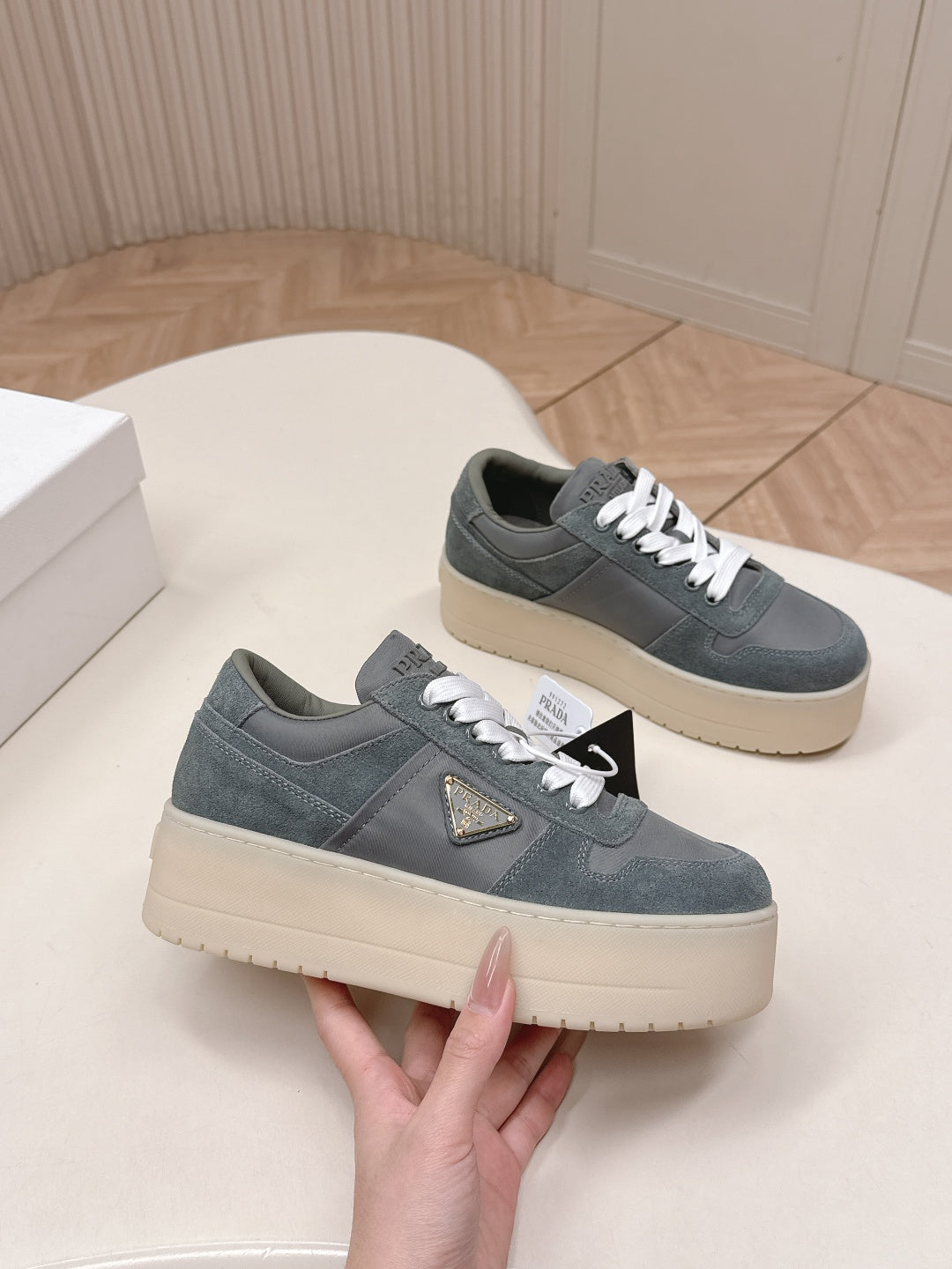 PRADA 26S PLATFORM SNEAKERS 50MM IN DARK GREY SUEDE