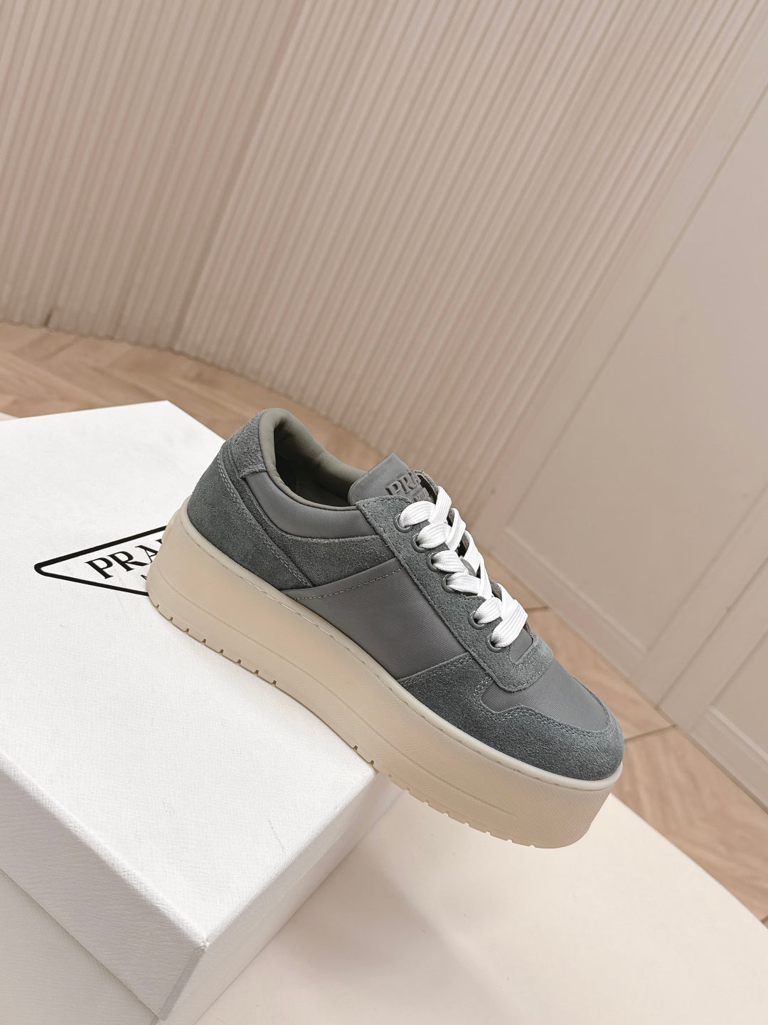 PRADA 26S PLATFORM SNEAKERS 50MM IN DARK GREY SUEDE