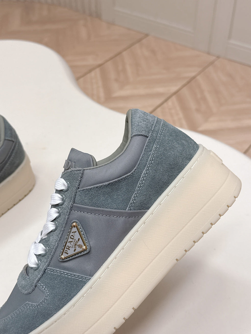 PRADA 26S PLATFORM SNEAKERS 50MM IN DARK GREY SUEDE