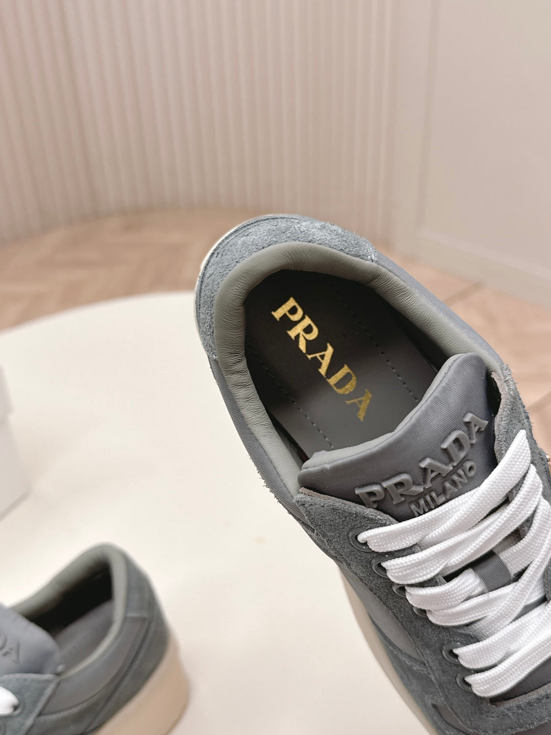 PRADA 26S PLATFORM SNEAKERS 50MM IN DARK GREY SUEDE