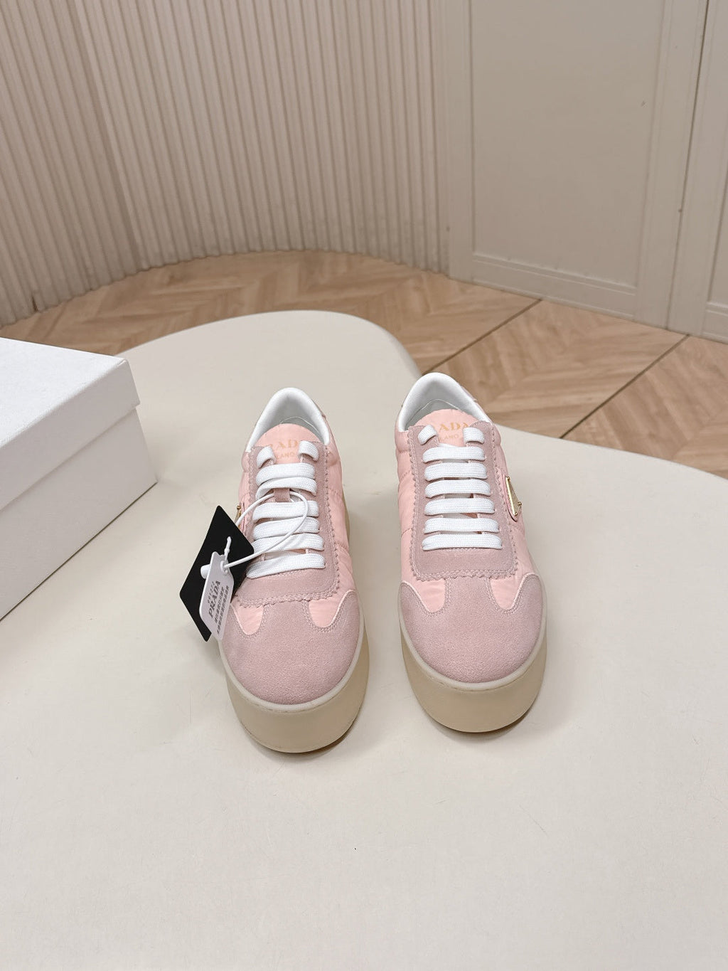 PRADA 26S PLATFORM SNEAKERS 50MM IN BLUSH PINK NYLON AND SUEDE