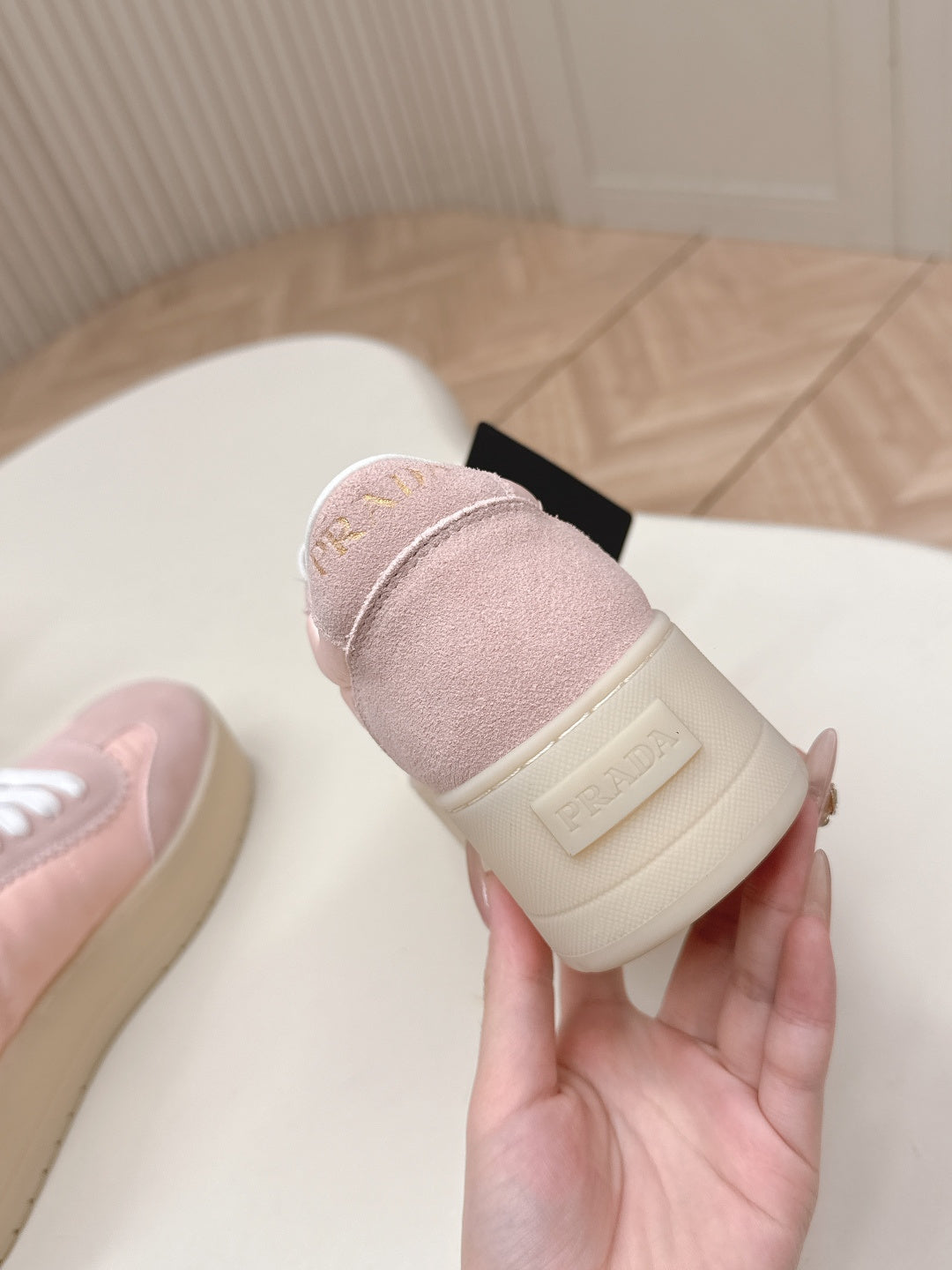 PRADA 26S PLATFORM SNEAKERS 50MM IN BLUSH PINK NYLON AND SUEDE