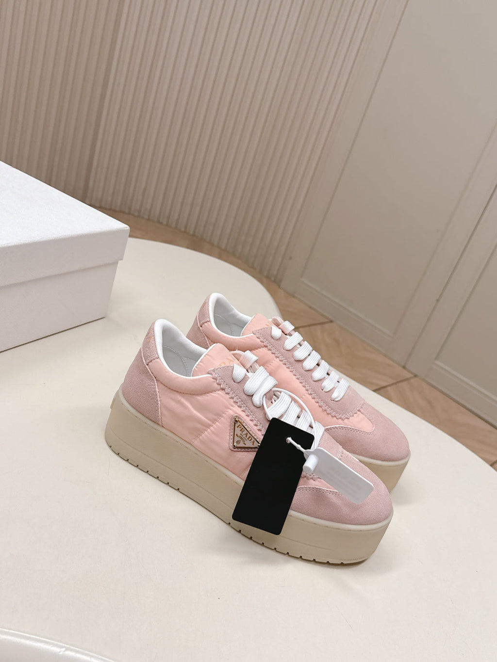 PRADA 26S PLATFORM SNEAKERS 50MM IN BLUSH PINK NYLON AND SUEDE