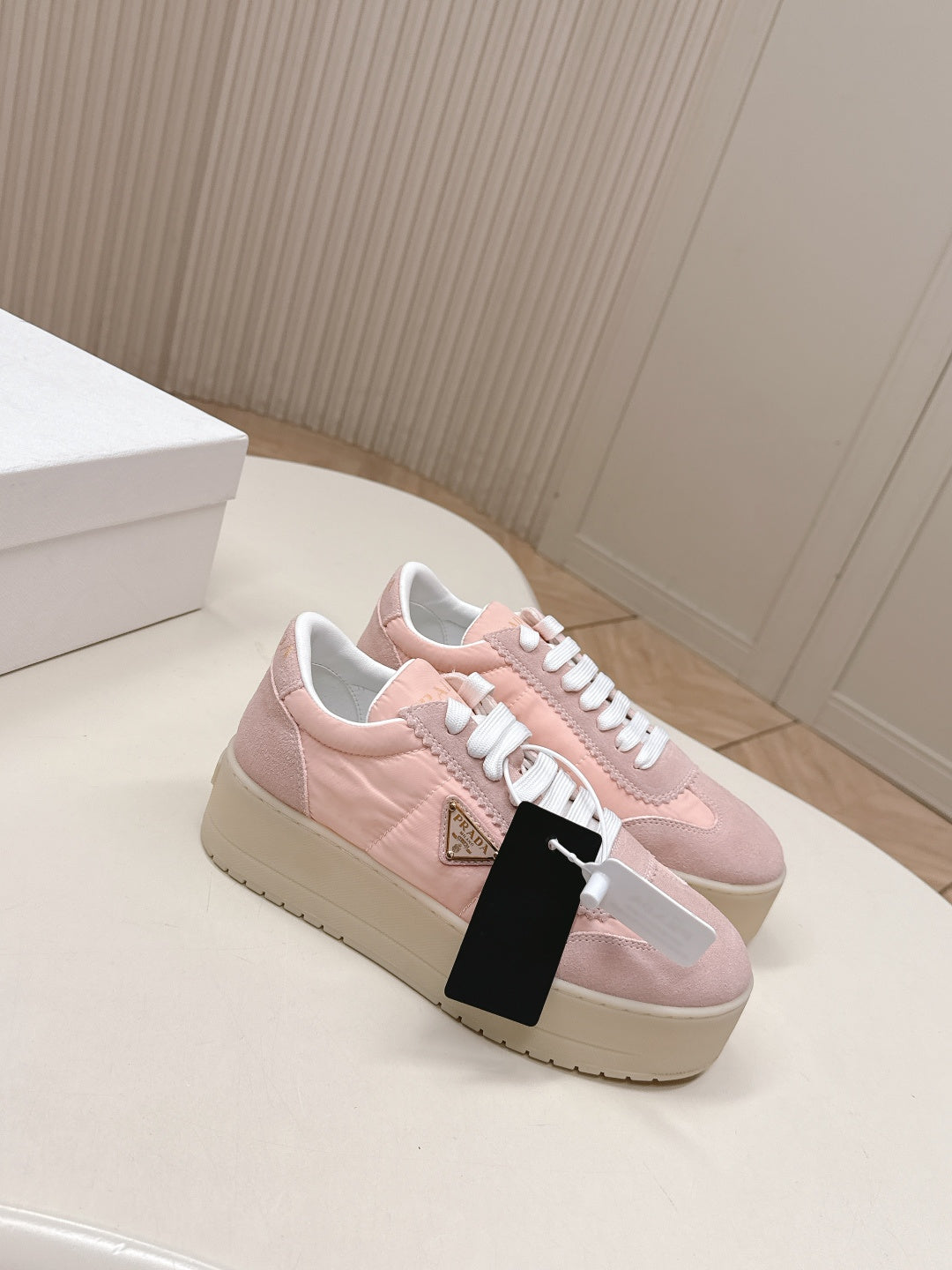 PRADA 26S PLATFORM SNEAKERS 50MM IN BLUSH PINK NYLON AND SUEDE