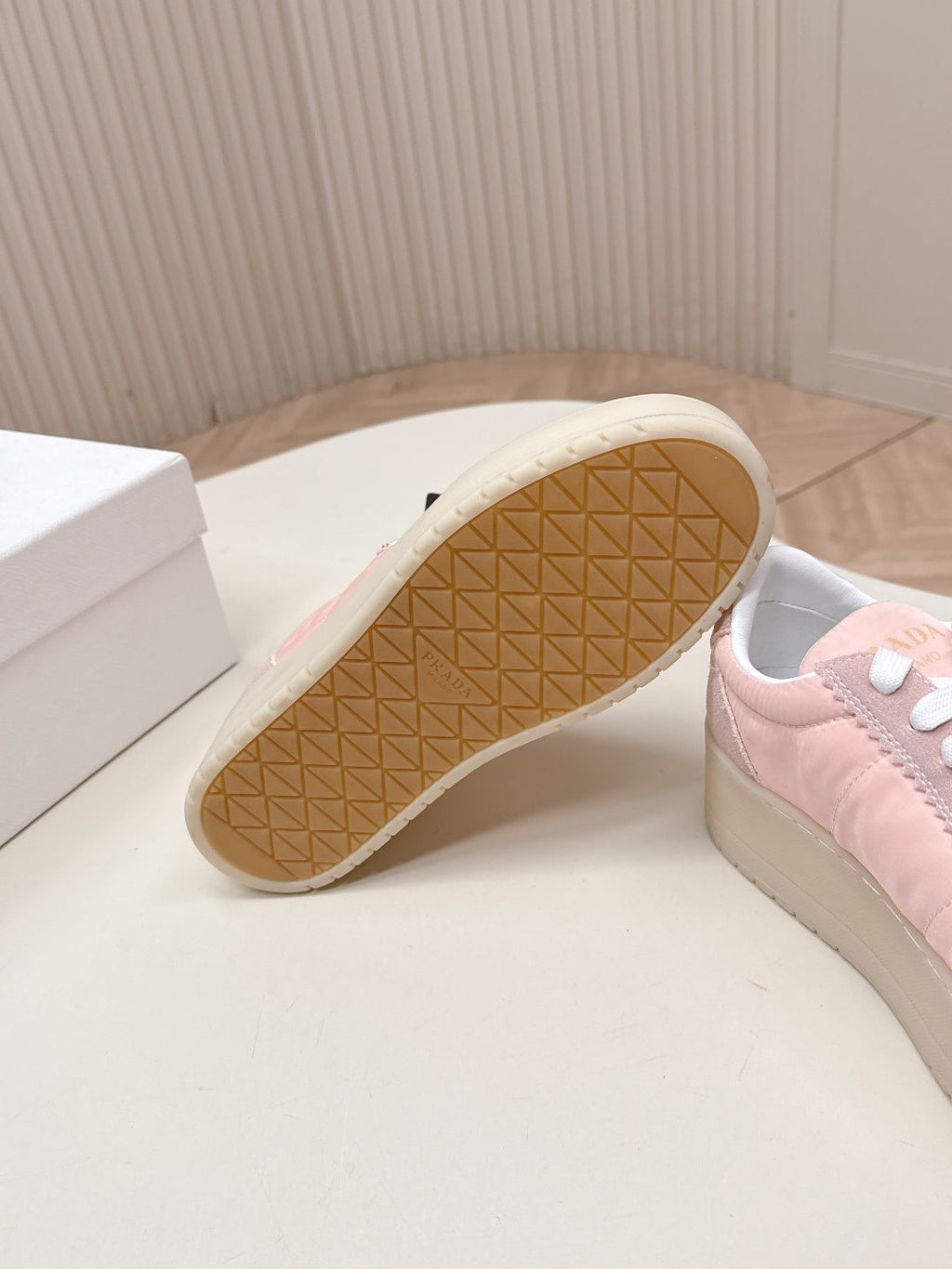 PRADA 26S PLATFORM SNEAKERS 50MM IN BLUSH PINK NYLON AND SUEDE