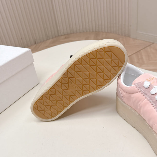 PRADA 26S PLATFORM SNEAKERS 50MM IN BLUSH PINK NYLON AND SUEDE