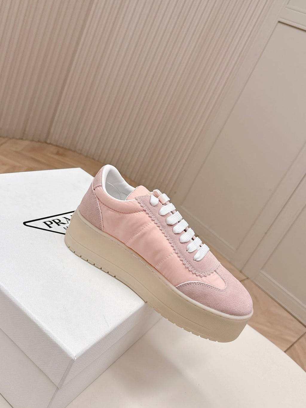 PRADA 26S PLATFORM SNEAKERS 50MM IN BLUSH PINK NYLON AND SUEDE