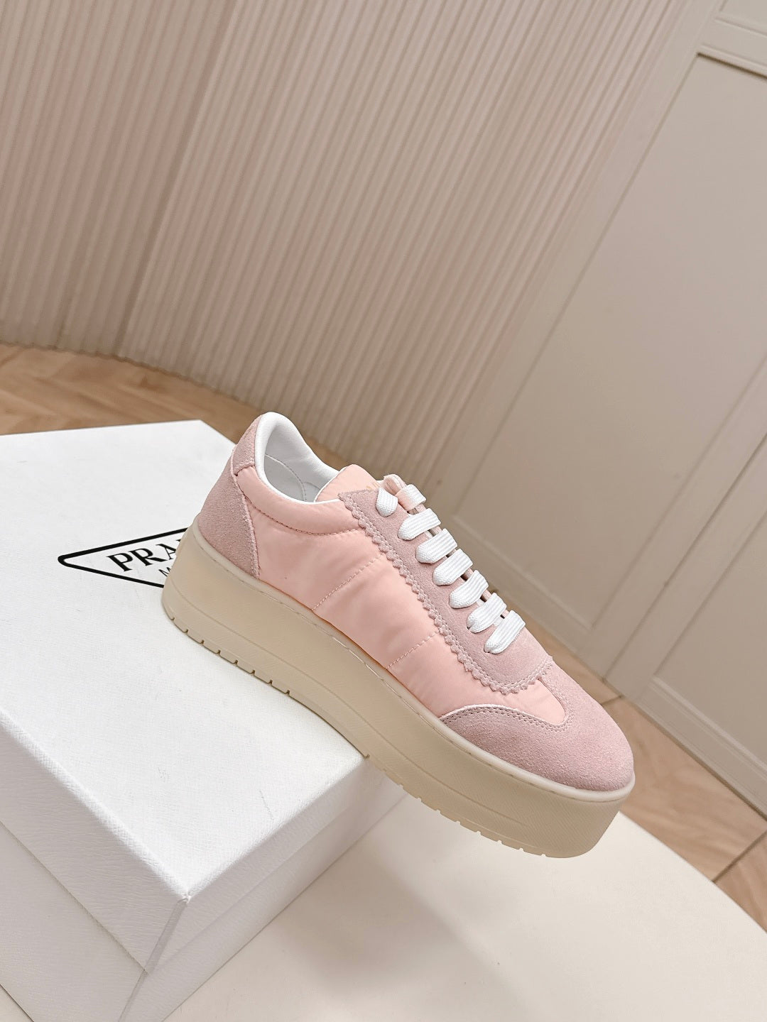 PRADA 26S PLATFORM SNEAKERS 50MM IN BLUSH PINK NYLON AND SUEDE