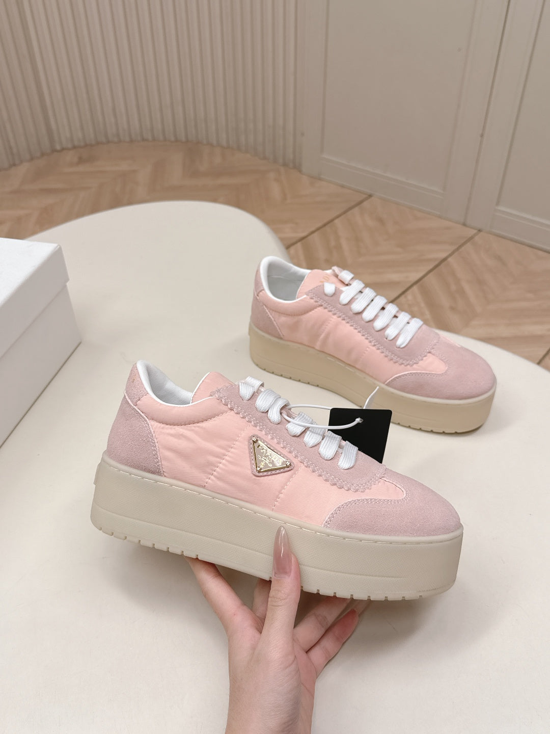 PRADA 26S PLATFORM SNEAKERS 50MM IN BLUSH PINK NYLON AND SUEDE