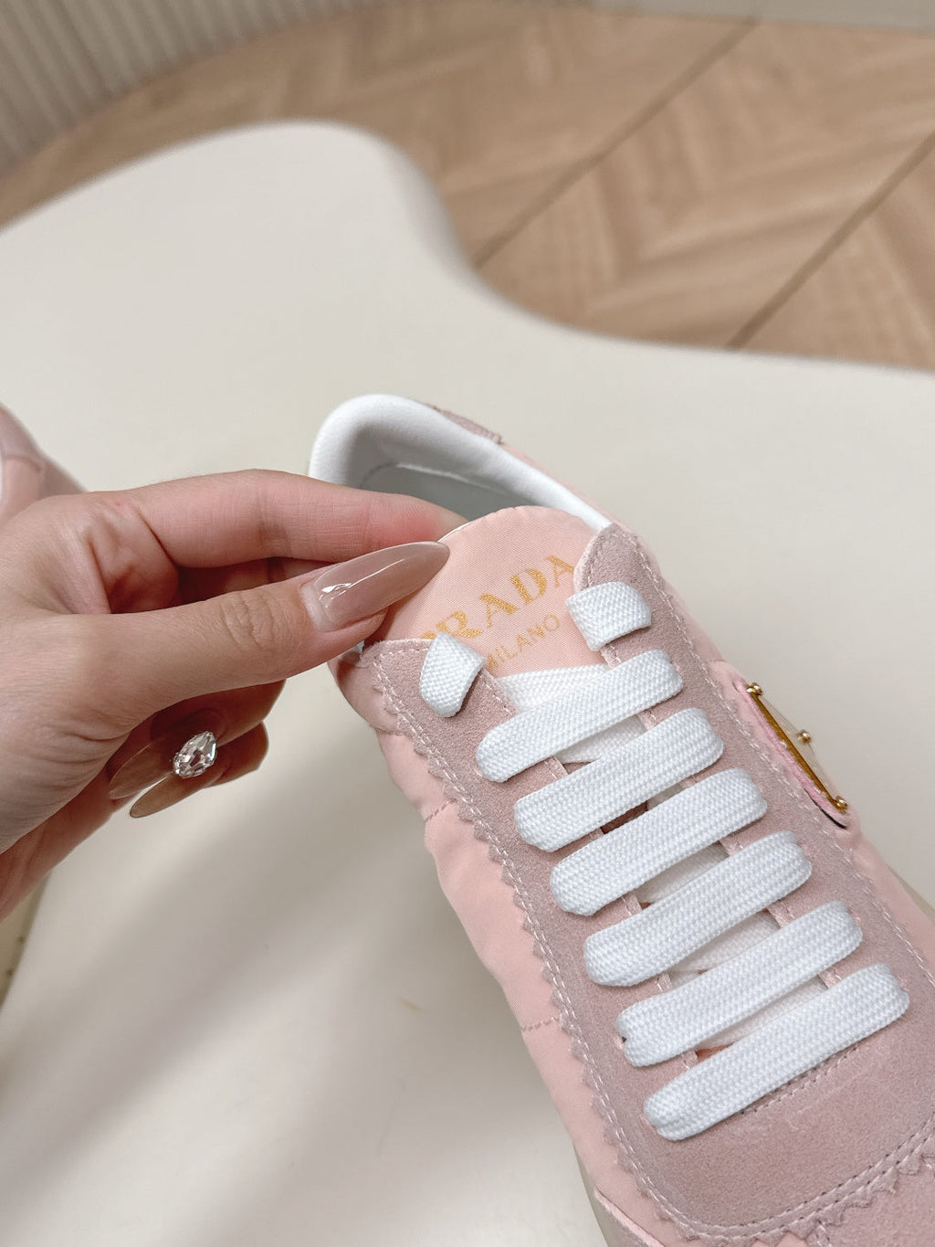 PRADA 26S PLATFORM SNEAKERS 50MM IN BLUSH PINK NYLON AND SUEDE